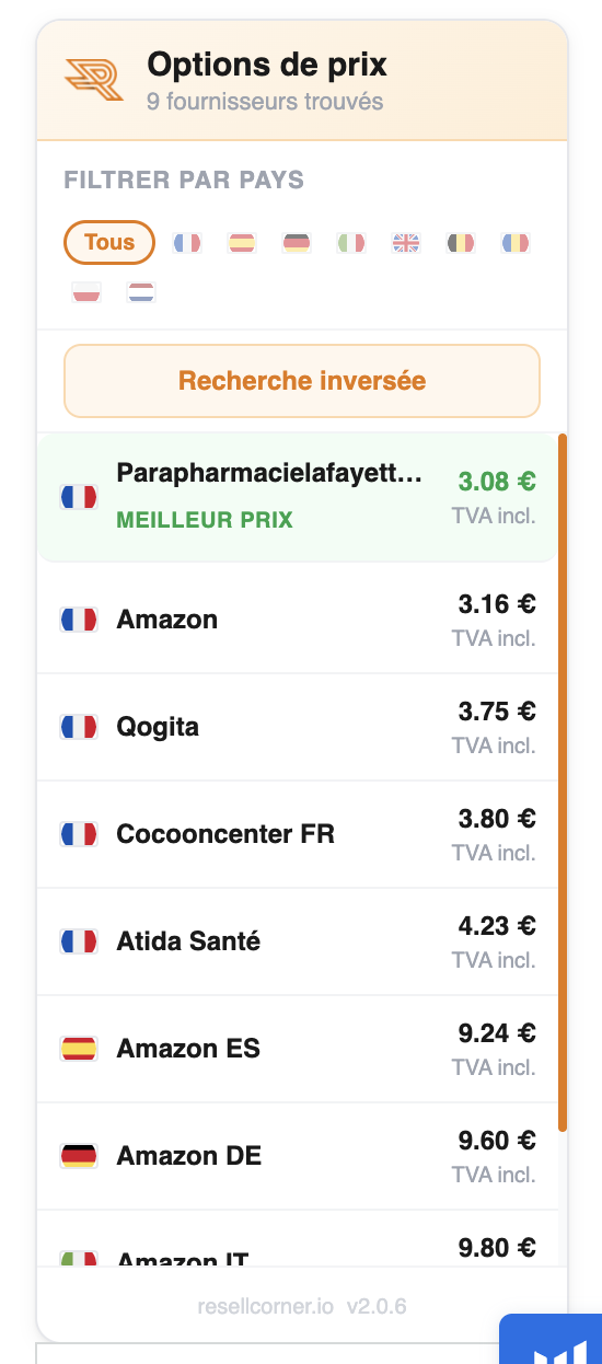 Extension Chrome Resell Corner comparant les prix des fournisseurs et marketplaces Amazon